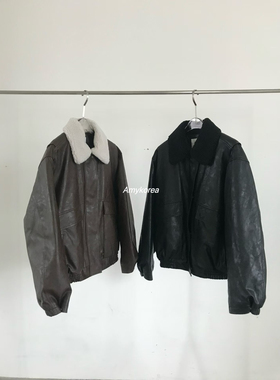 PADO Amy韩代 25fw 东大门 时尚羊羔毛翻领 纯色皮衣夹克短外套