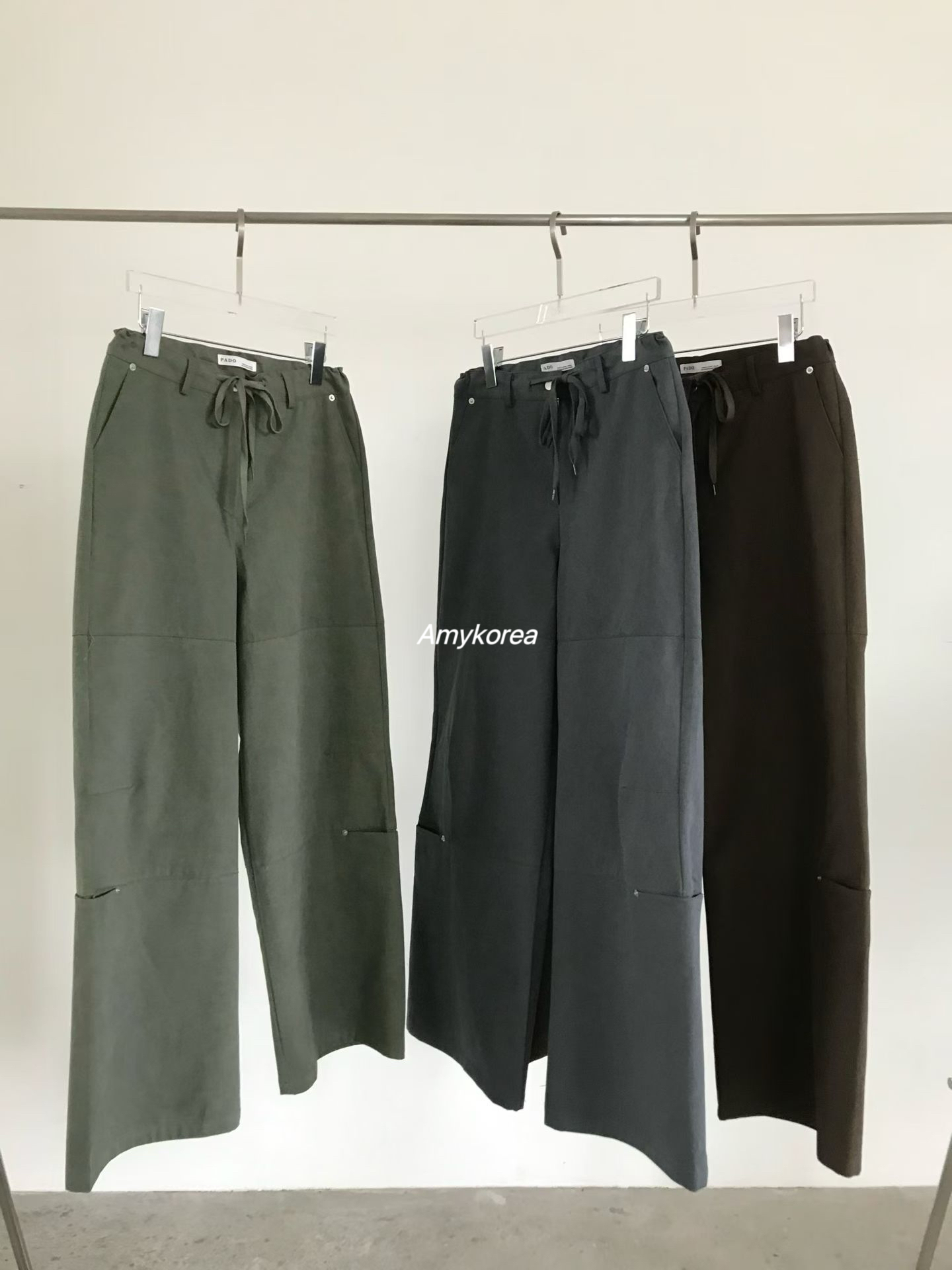 PADO Amy韩代 25早秋 东大门 时尚纯色 休闲长裤工装裤拼接铆钉