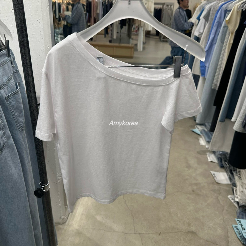 helvetica Amy韩代 26春夏 东大门 单侧露肩 短袖t恤 纯色百搭