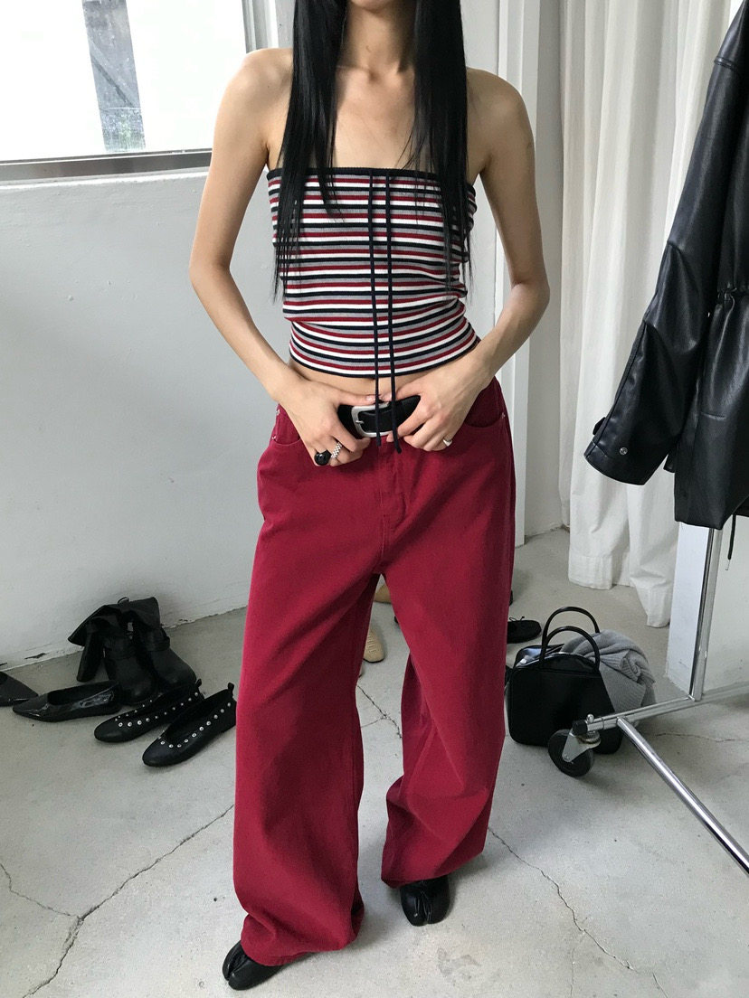 vive Amy韩代 26早秋 东大门 洋气条纹 针织裹胸背心 时尚系带