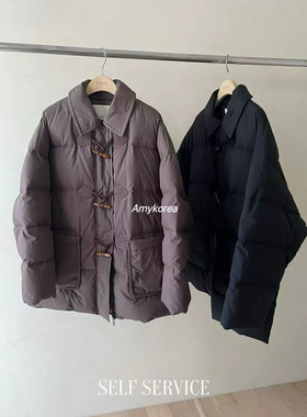 SELF SERVICE Amy韩代 25fw 东大门 纯色翻领 牛角扣羽绒服中长款