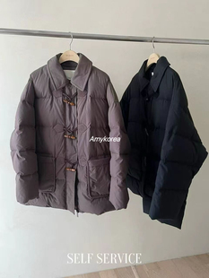 SELF SERVICE Amy韩代 25fw 东大门 纯色翻领 牛角扣羽绒服中长款