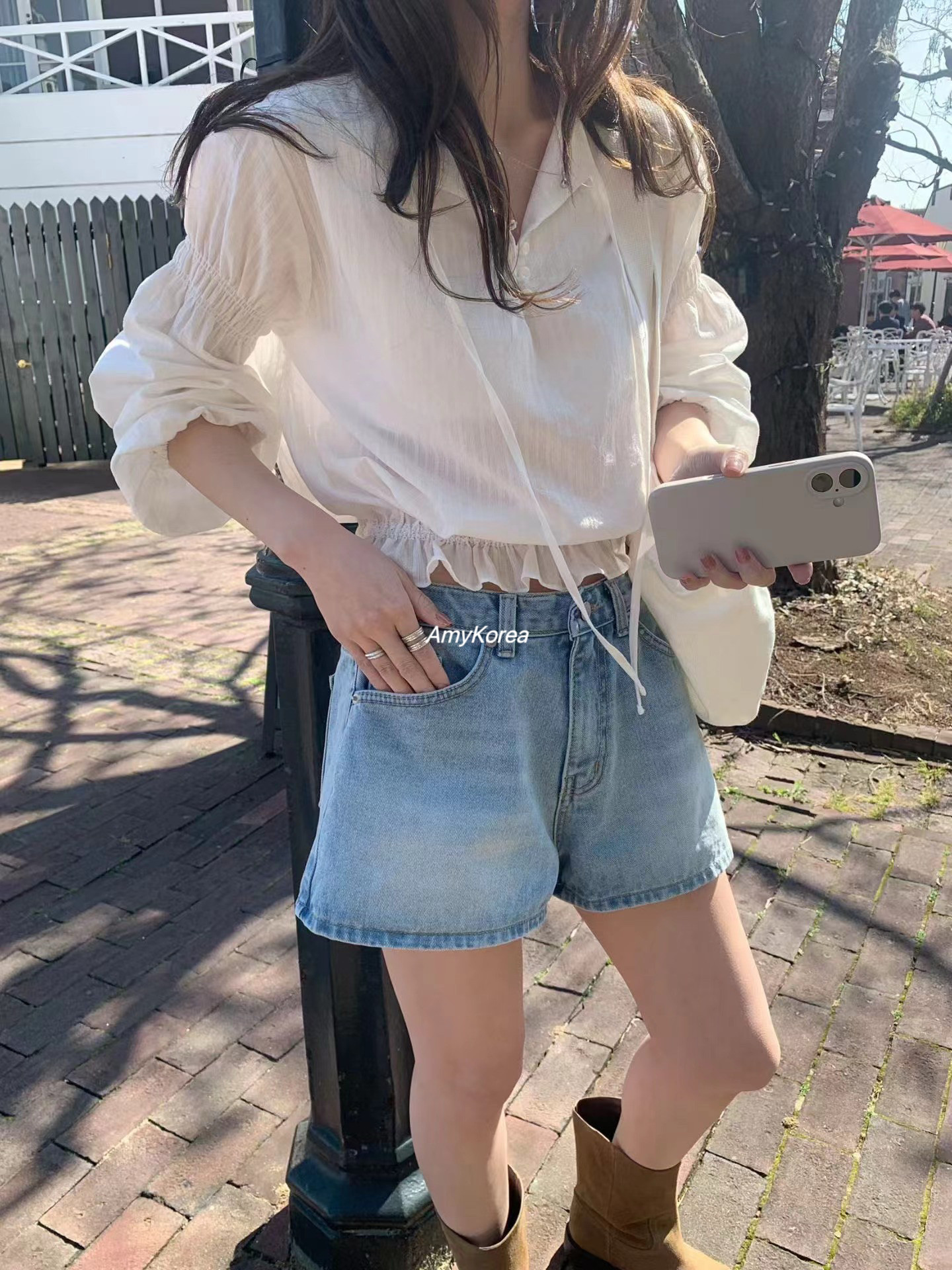 Amy韩代 26春夏 东大门 系带收腰 长袖衬衫+水洗牛仔裤 气质百搭