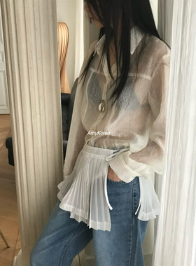awear Amy韩代 26春夏 东大门 薄透皱褶 长袖衬衫 纯色洋气