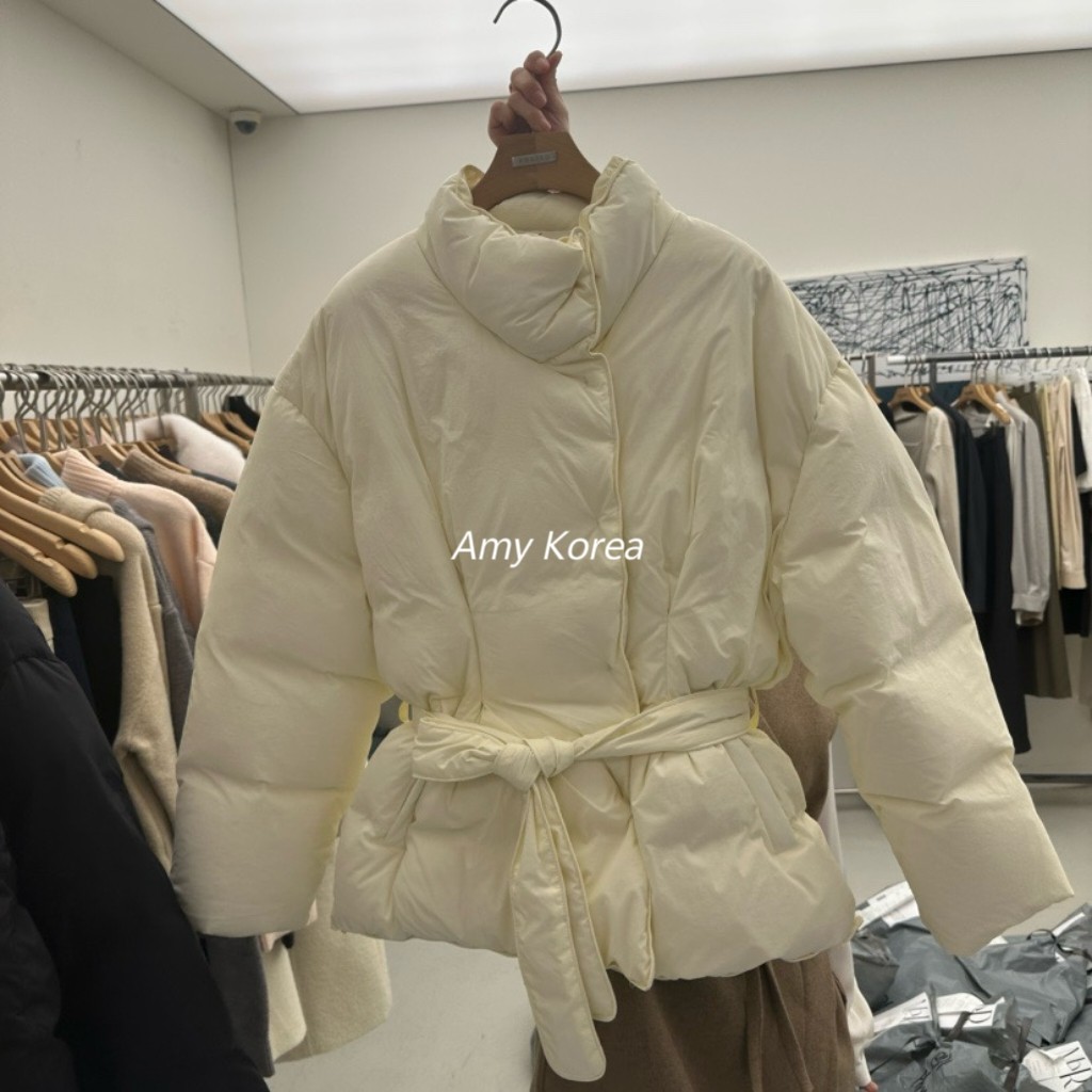 MER Amy韩代 25fw 东大门 洋气纯色 系腰带立领 短款羽绒服外套