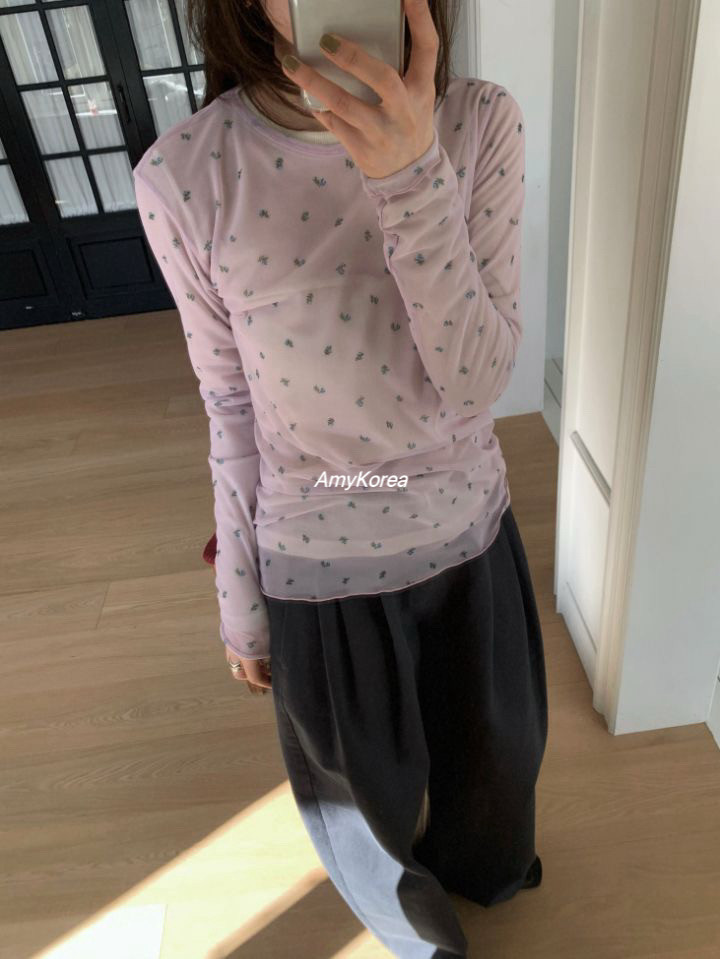 mare Amy韩代 26早春 东大门 碎花网纱 卷边打底 长袖t恤 洋气