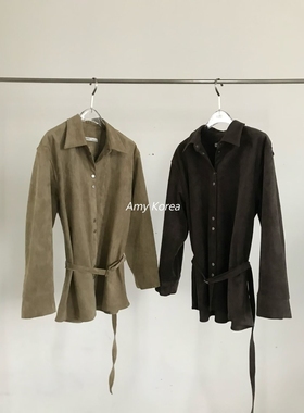 PADO Amy韩代 25fw 东大门 时尚纯色 拉绒长袖衬衫 系腰带