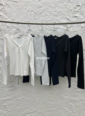 novus Amy韩代 26早春 东大门 v领纽扣长袖t恤 纯色修身