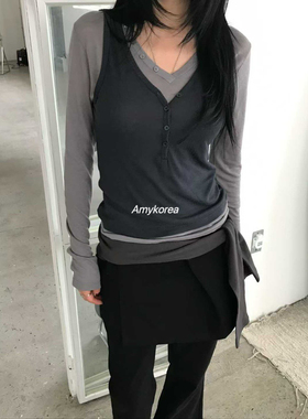 PADO Amy韩代 25fw 东大门  纯色V领 长袖T恤背心两件套 洋气百搭