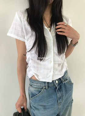 pado Amy韩代 26春夏 东大门 泡泡棉 侧抽皱褶 短袖衬衫 纯色洋气