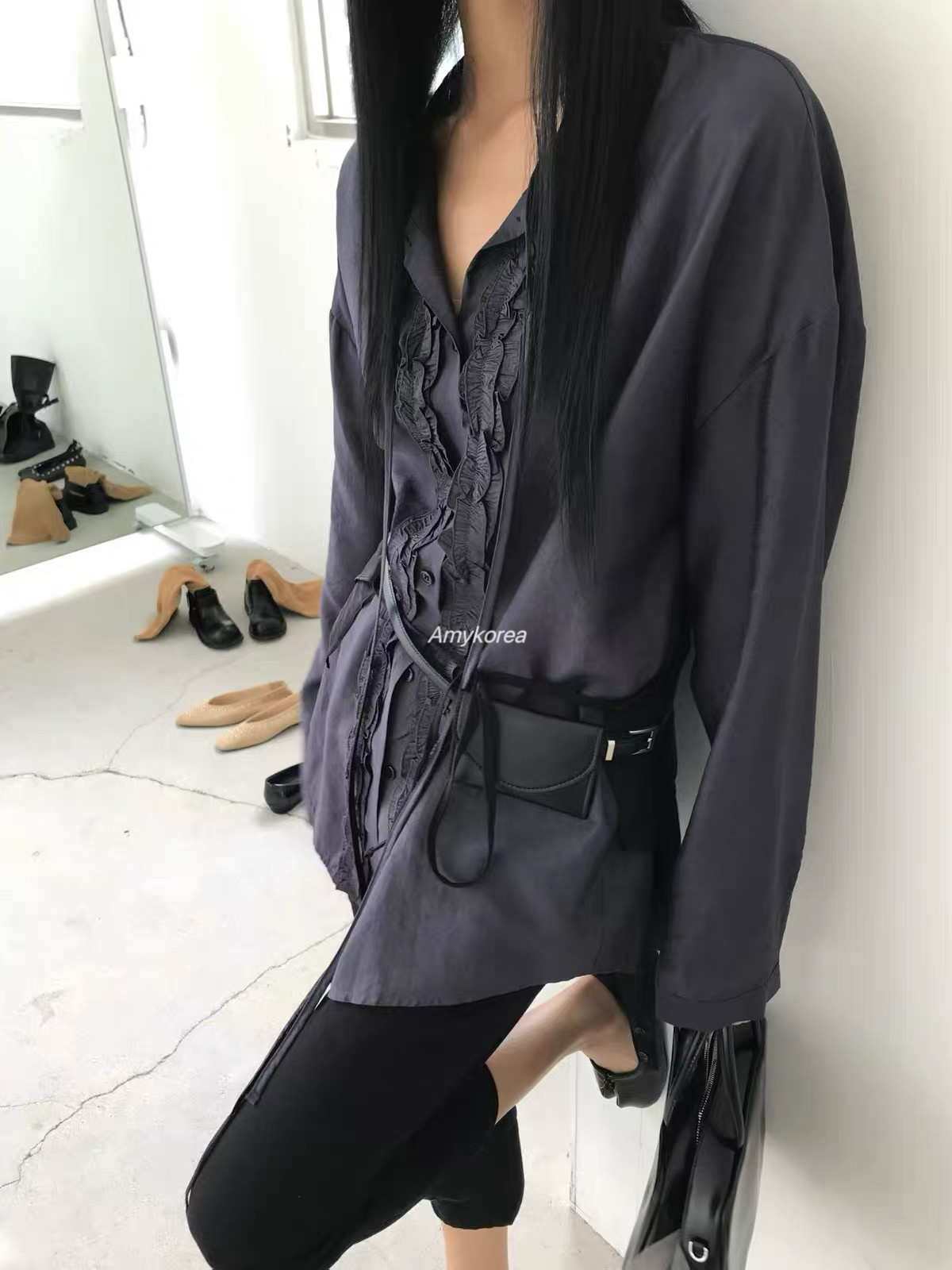 vive Amy韩代 26早秋 东大门 荷叶边 压褶系带 长袖衬衫 甜美百搭