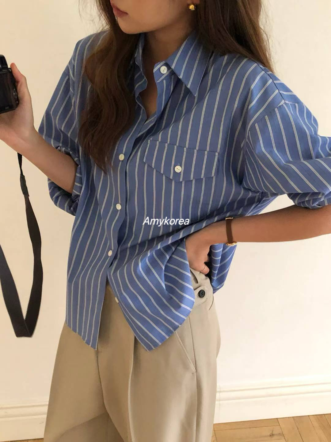 overtake Amy韩代 25fw 东大门 洋气条纹 长袖衬衫上衣 百搭休闲