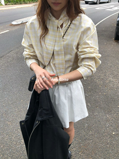 overtake Amy韩代 26早春 东大门 气质飘带格子长袖衬衫 甜美百搭