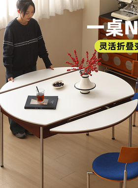 【小万家具】实木岩板餐桌复古家用小户型折叠饭桌简约伸缩圆桌子