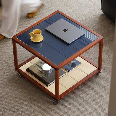 【小万家具】实木钢化玻璃棋盘移动茶几包豪斯中古风客厅边几组合