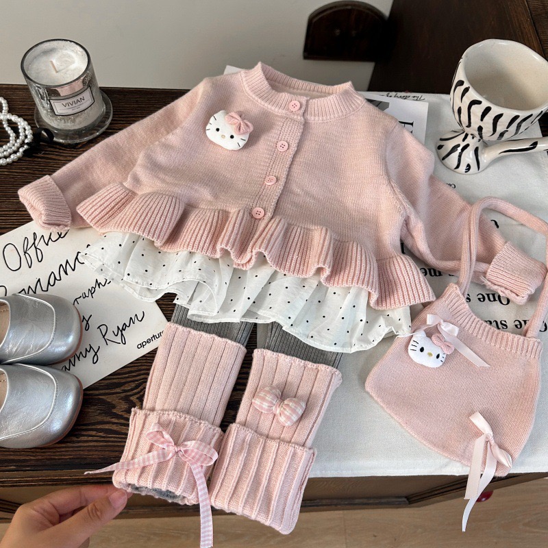 女童秋款套装2025新款韩版女宝宝拼接毛衣针织开衫打底裤两件套潮