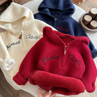 儿童加绒毛衣连帽男童冬季款套头衫小童字母衣服宝宝针织衫女加厚