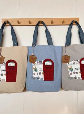 日本kusuguru刺绣猫咪单肩包手提包手拎包补习包逛街购物通勤6016