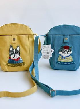 日本Kusuguru正品刺绣猫咪法斗斜挎包单肩包帆布通勤布艺卡通9034