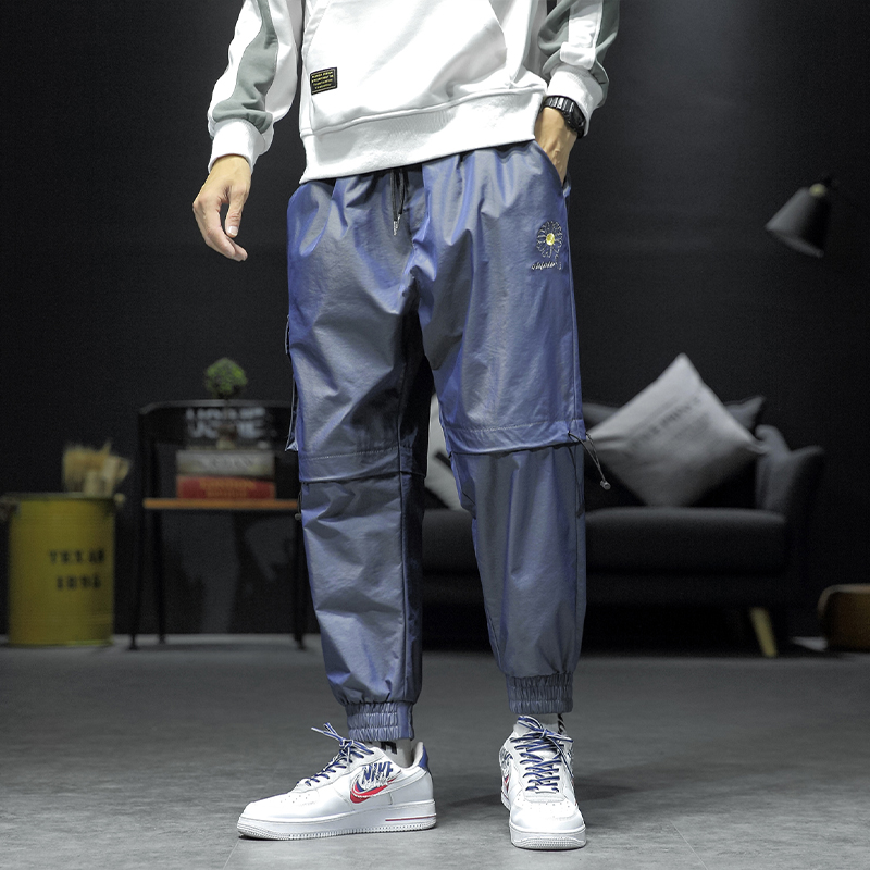 Japanese Style Men's embroidery design nine point grey blue casual pants