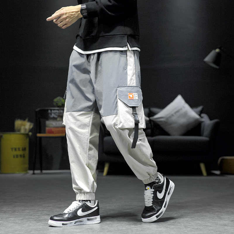 Japanese Style Men's color contrast design nine point medium grey casual pants