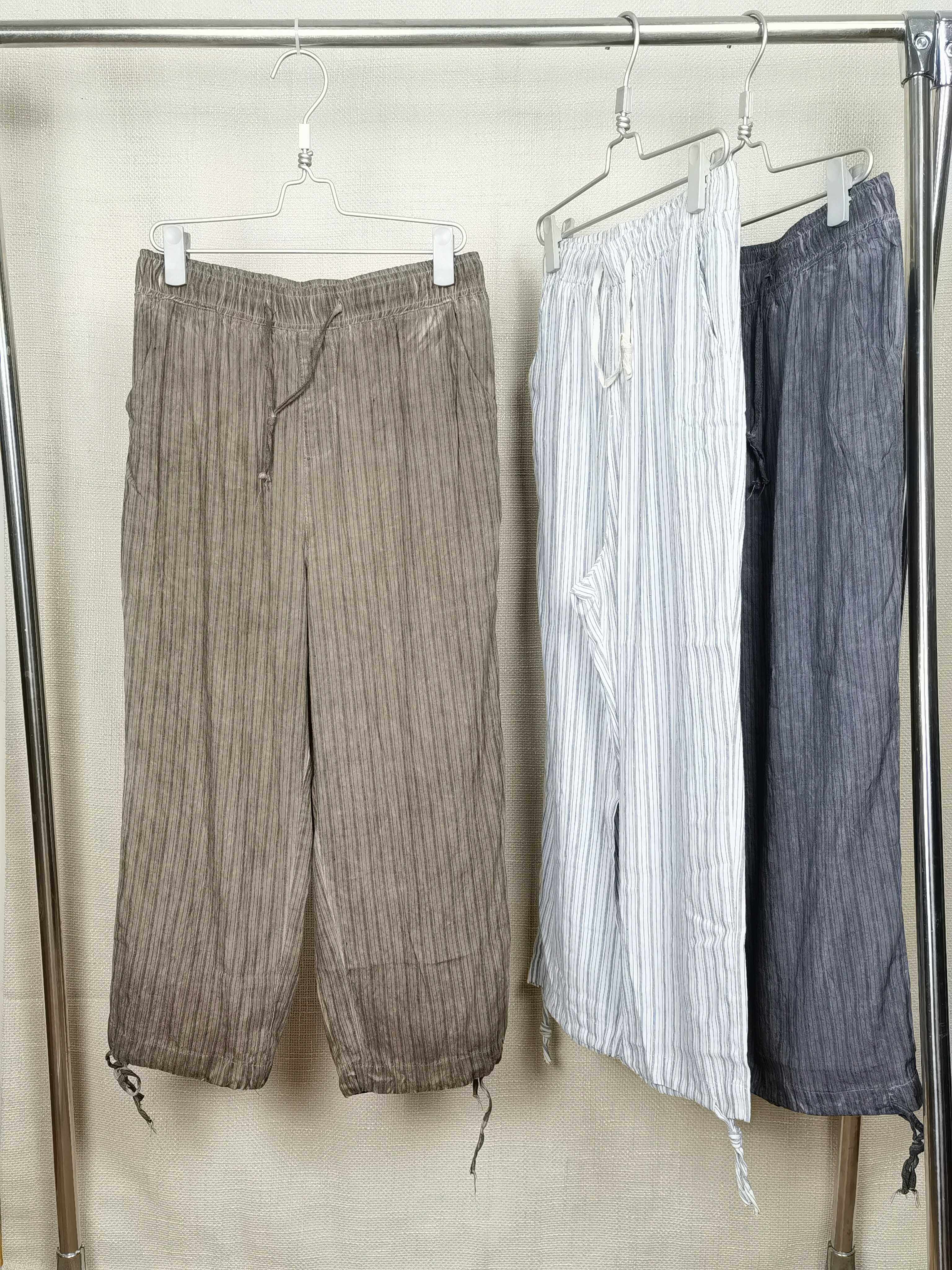 1165 100%色织亚麻条纹阔腿宽松慵懒风气质女士亚麻长裤