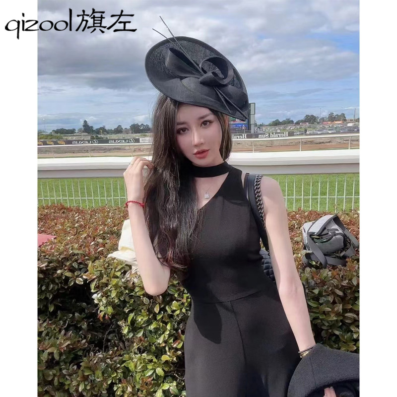 旗左 简约英式名媛贵族宴会小礼帽头饰 高档竹节布异形发箍帽黑