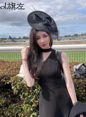 旗左 简约英式名媛贵族宴会小礼帽头饰 高档竹节布异形发箍帽黑