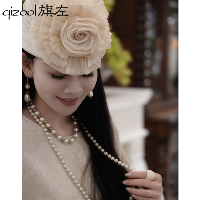 旗左 1950s中古风轻奢菲律宾真丝麻优雅法式立体花苞包头帽贝雷帽