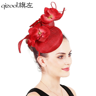 旗左 复古宫廷风演出礼服麻纱礼帽蝴蝶兰花朵发箍旗袍头饰帽红色