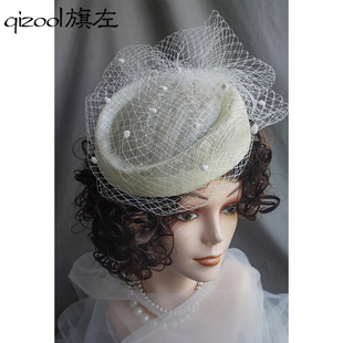 旗左 春夏英式简约正装网纱菲律宾麻纱贝雷帽中世纪复古礼帽白色