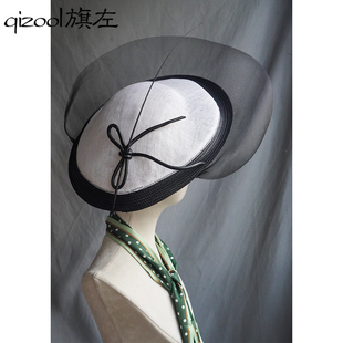 旗左  梅根王妃同款菲律宾麻纱礼帽高档英国礼帽黑白马会帽子