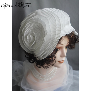 旗左 发箍黑色肌理感多层次大花朵半帽 复古优雅vintage布艺宽版