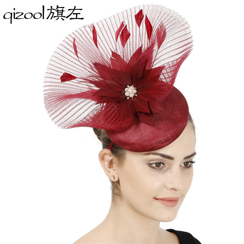 旗左 欧美风高档四层麻纱礼帽夸张羽毛网纱走秀头饰旗袍礼服帽子