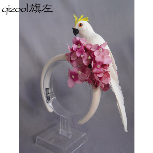 旗左 法式仿真鹦鹉立体花朵发箍头饰搞怪小鸟半帽发卡百搭