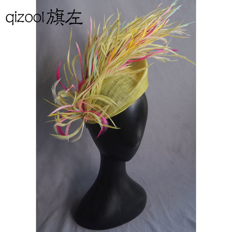 旗左 简约英式名媛礼服小礼帽菲律宾麻纱异形高级感羽毛头饰黄色