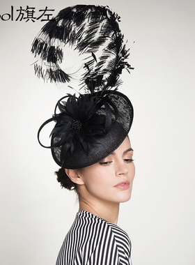 旗左 英式礼帽女夸张鸵鸟羽毛宴会帽礼服时装秀头饰皇家礼帽红色