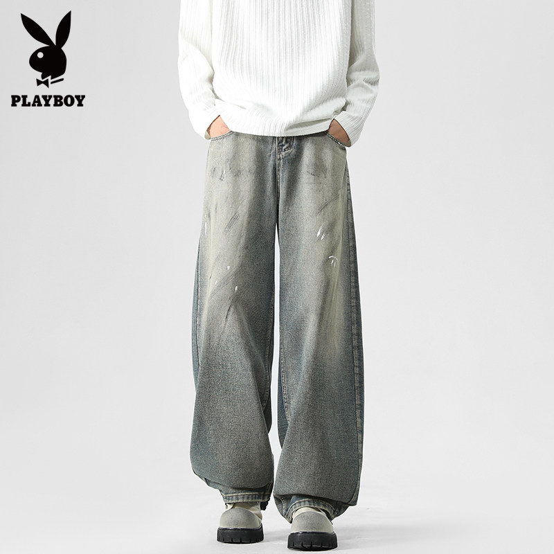花花公子脏染蓝无弹弯刀裤2026新款复古男士牛仔裤宽松潮流长裤,男装,牛仔裤,淘宝优惠券,粉丝福利购,淘宝优惠卷