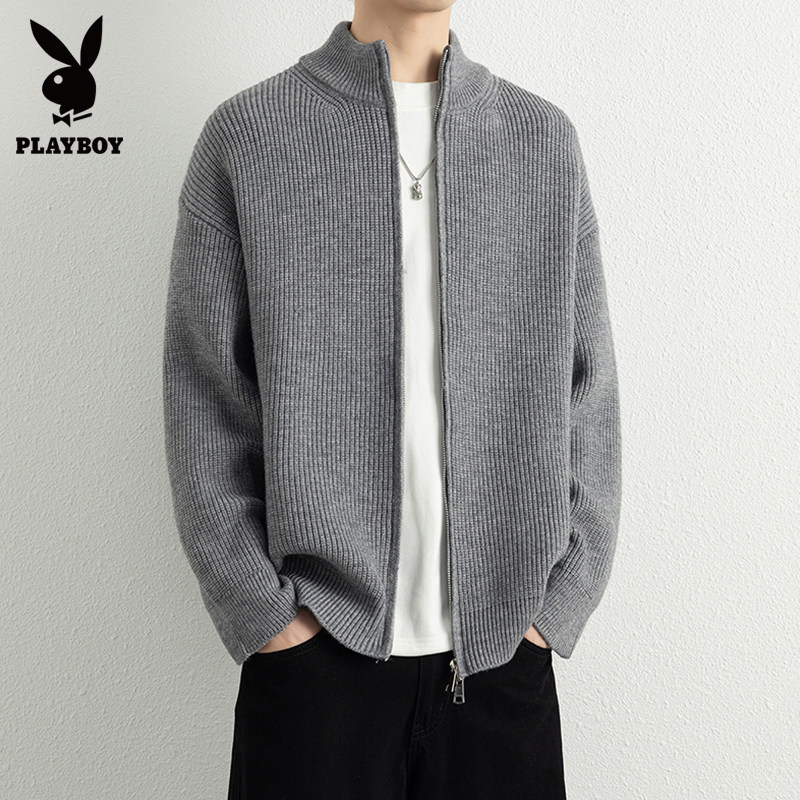 花花公子灰色开衫毛衣男士2025秋冬新款双拉链针织半高领开衫外套