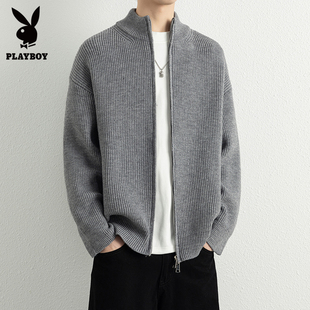 花花公子灰色开衫毛衣男士2025秋冬新款双拉链针织半高领开衫外套