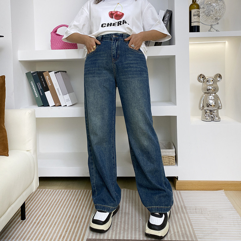大码女装复古阔腿牛仔裤女春季新款高腰直筒裤显瘦拖地裤胖mm长裤