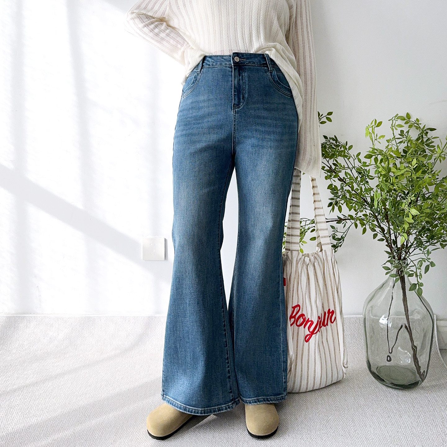 大码女装高个子微喇牛仔裤女春季长裤深蓝色女裤胖mm高腰显瘦裤子