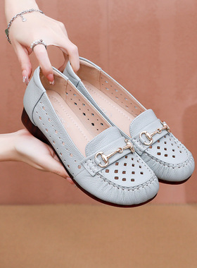 母亲节鞋子真皮凉鞋夏季中老年人洞洞款透气镂空蓝色女鞋大码软底
