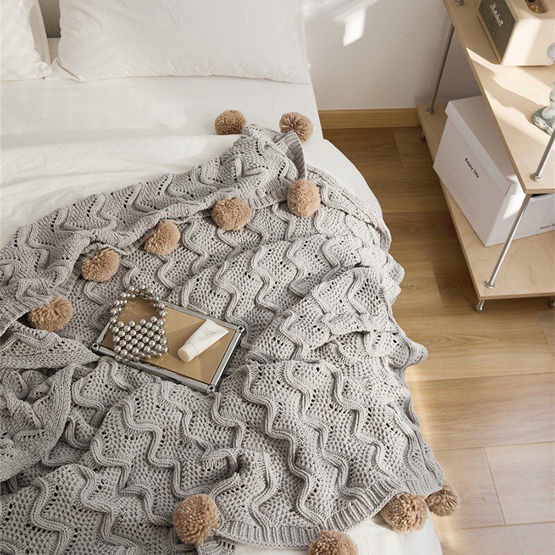 速发11V4针织盖毯 毛球空尾巾针织镂空休调毯 民宿沙发毯 床闲办