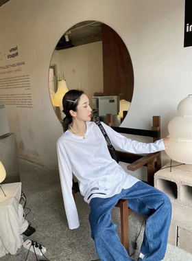 YUAN XI元熙796破洞白色纯棉长袖T恤女磨毛加厚宽松中长款打底衫