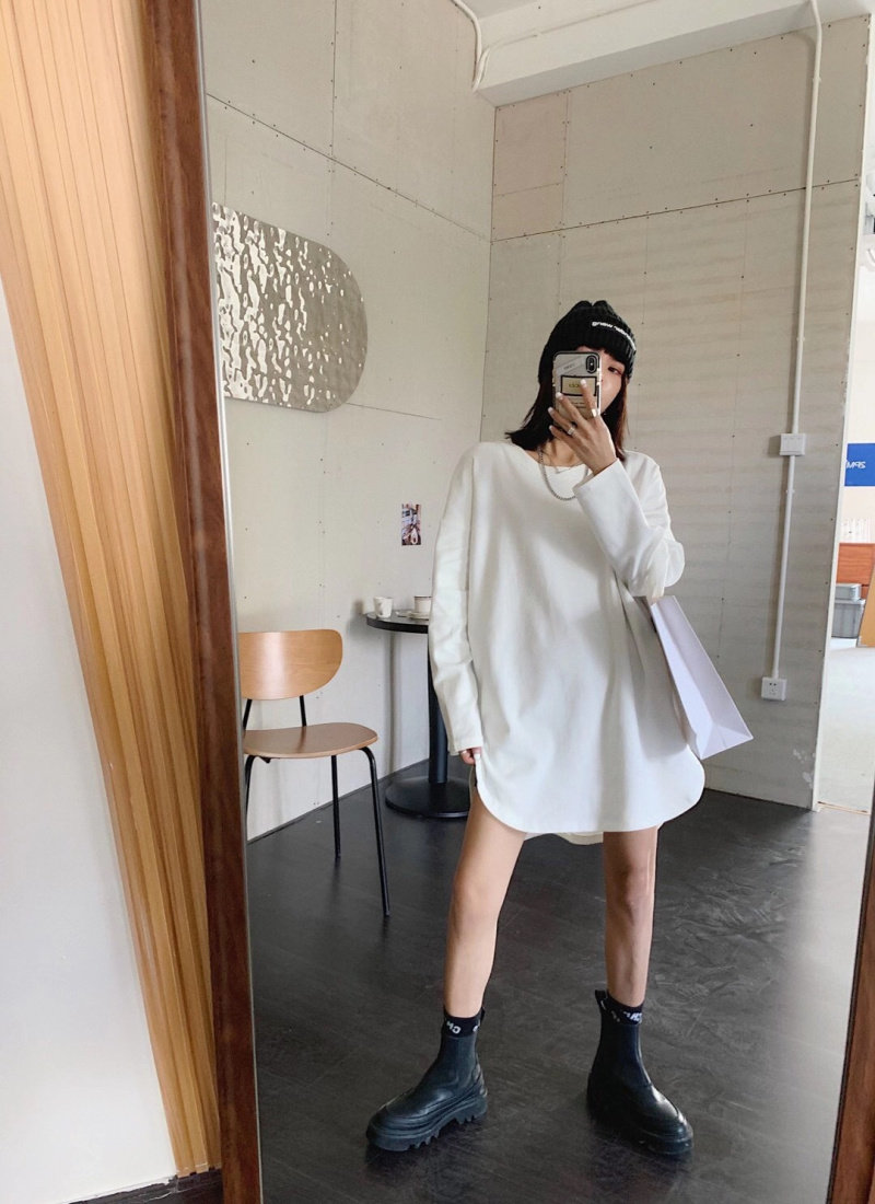 元熙610磨毛加厚纯棉白色长袖T恤女中长款内搭大码宽松打底衫秋冬