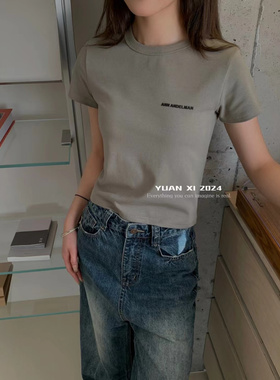 YUAN XI元熙8072白色字母短袖T恤女2024夏辣妹高腰修身打底衫上衣