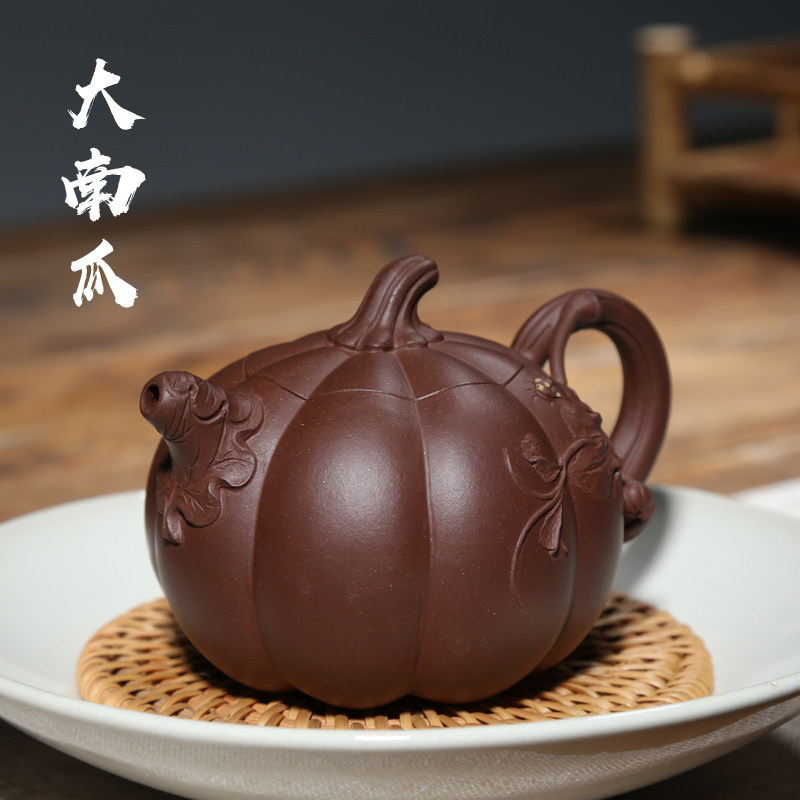 宜兴紫砂壶茶壶名家吴竹霞 纯原矿紫泥黑墩头手工260CC花器南瓜壶