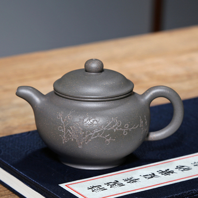 稀有鲨皮青名家陶刻掇只紫砂茶壶