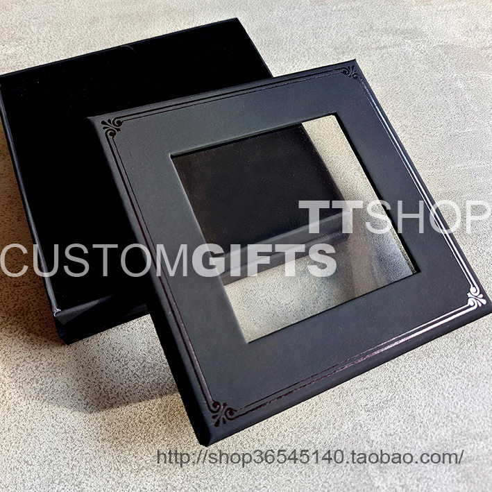 黑色特种纸礼品纸盒-天地盖透明窗黑绒衬-徽章收藏收纳-13*13*3cm